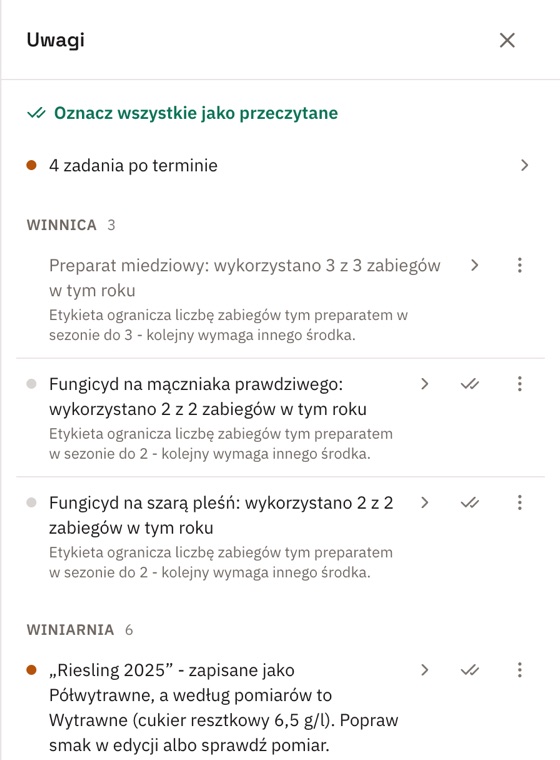 Panel uwag pod dzwonkiem: „Oznacz wszystkie jako przeczytane”, zadania po terminie i uwagi winnicy i winiarni, jedna już przeczytana, przy innych przycisk oznaczenia i menu