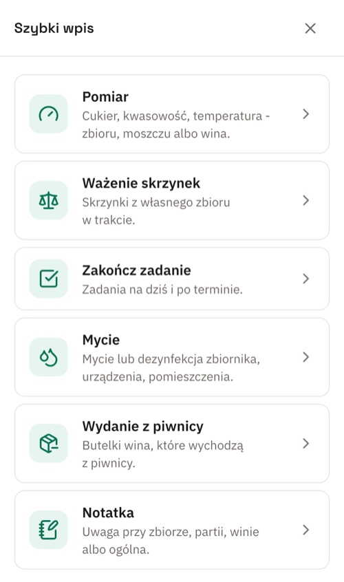 Szybki wpis spod przycisku „+”: pomiar, ważenie skrzynek, zakończenie zadania, mycie, wydanie z piwnicy i notatka
