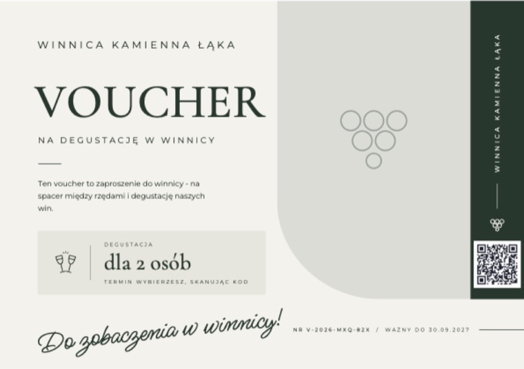 Voucher w PDF na degustację w winnicy dla 2 osób, z numerem, terminem ważności i kodem QR